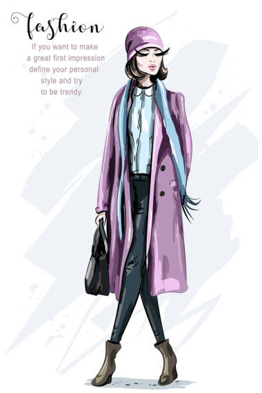 手繪時裝模特造型。漂亮的年輕女子在針織帽子。時髦的女人。素描.矢量插圖. 