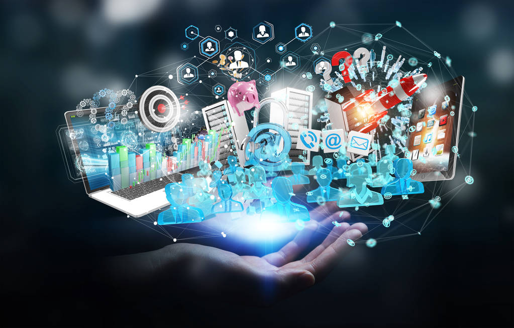 连接设备和业务对象一起 3d 的商人 连接设备和业务对象一起 3d 的商人