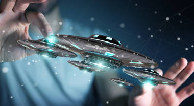商人與復(fù)古飛碟宇宙飛船3d 渲染