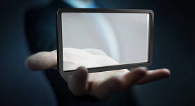 使用数字屏幕平板电脑 3d 渲染的商人