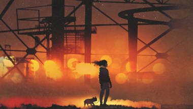 人和他的狗站立反對老工業(yè)大廈, 數(shù)字式藝術樣式, 例證繪畫