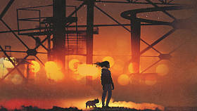 人和他的狗站立反对老工业大厦, 数字式艺术样式, 例证绘画