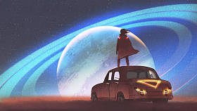 站在一辆老式汽车上的人的夜景, 在地平线上看着环的行星, 数字艺术风格, 插图绘画