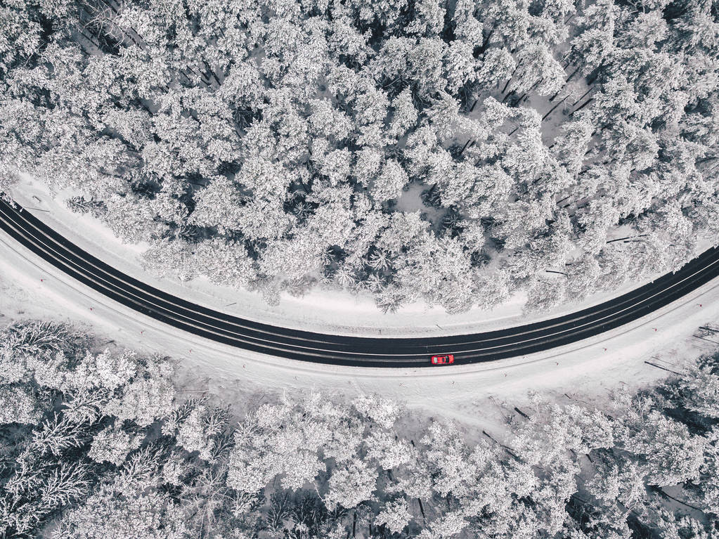 雪林公路无人机鸟瞰图片