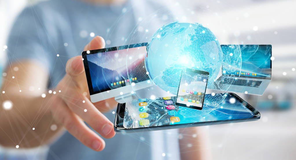 连接科技设备和图标应用 3d re 的商人 连接科技设备和图标应用 3d re 的商人