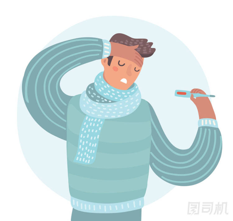 發(fā)燒的人戴著圍巾拿著體溫計生病了