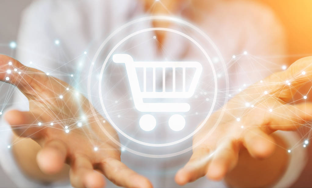 商人使用数字购物图标与连接3d  商人使用数字购物图标与连接3d