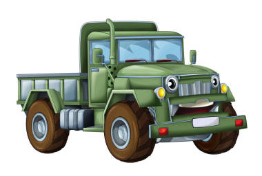 動(dòng)畫片快樂和滑稽的軍用卡車-在白色背景或微笑的車-孩子的例