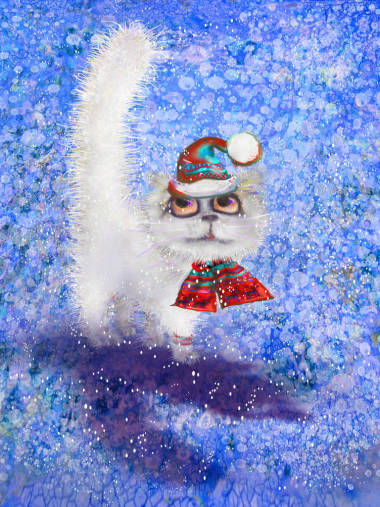 白色雪猫在帽子在抽象蓝色背景