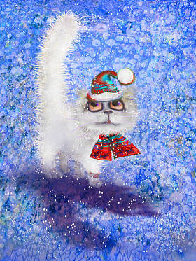 白色雪猫在帽子在抽象蓝色背景