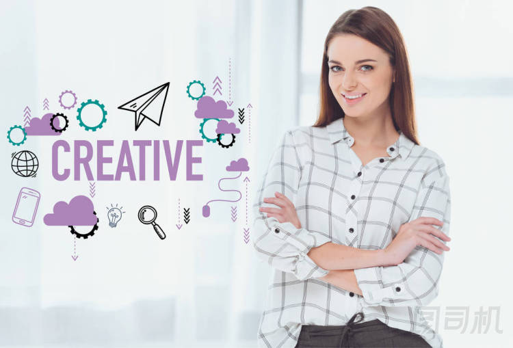 有吸引力的女商人站在交叉的武器, 看著相機(jī), 創(chuàng)意圖標(biāo)