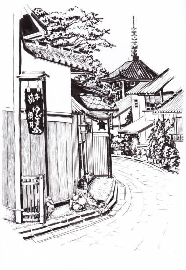 日本小鎮(zhèn)的街道。舊的日本房子的道路。房子附近有兩只貓。在遠(yuǎn)處, 寺廟是可以看見的。墨跡素描