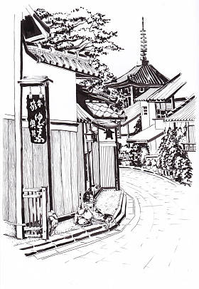 日本小镇的街道。旧的日本房子的道路。房子附近有两只猫。在远处, 寺庙是可以看见的。墨迹素描