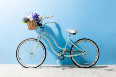 藍(lán)色墻壁前面籃子的自行車(chē)的側(cè)面看法與花