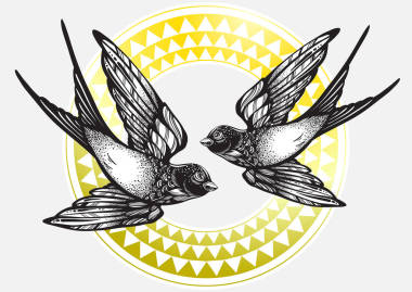 精美詳細的葡萄酒插圖與飛行燕子鳥部落幾何圖案。已隔離矢量圖稿。優(yōu)雅的紋身藝術, 自由, 浪漫。印刷品、海報、t恤和紡織