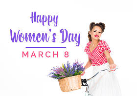 快乐的妇女节贺卡与美丽的别针上的女人在自行车与篮子的花白色隔离