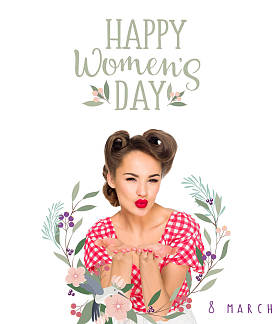 快乐妇女节贺卡与迷人的女人在复古风格的衣服吹吻孤立白色