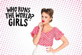 Portrait of a brooding young woman in vintage-style clothing with who runs the world? Girl quote white isolated
