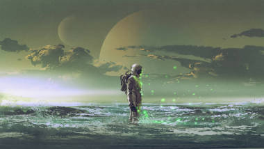 宇航員站在海邊反對地球背景, 數(shù)字藝術風格, 插畫繪畫