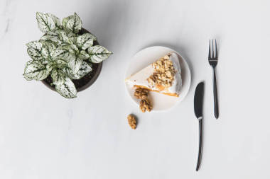 用餐具和盆栽植物進(jìn)行灰色板上蛋糕的頂部視圖