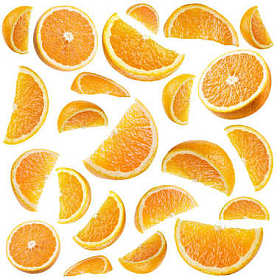 一套成熟的橙色水果和橙色切片在白色分离