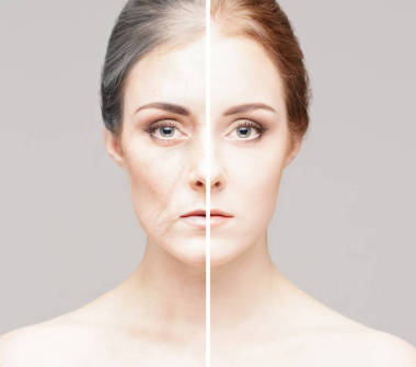 同一老婦人和小女孩的兩幅畫像的拼貼。面部整容、老化及護膚概念