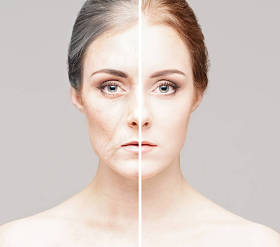 同一老妇人和小女孩的两幅画像的拼贴。面部整容、老化及护肤概念