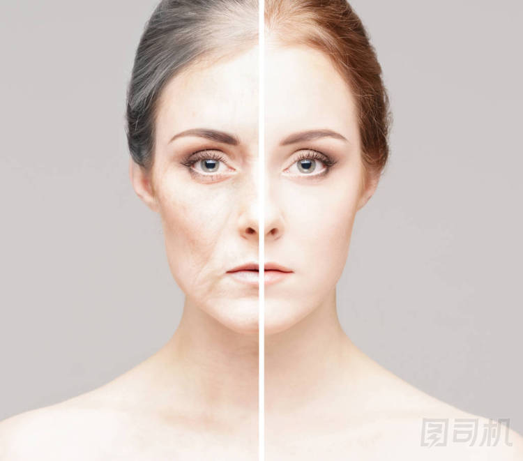 同一老婦人和小女孩的兩幅畫像的拼貼。面部整容、老化及護(hù)膚概念