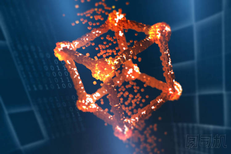 進(jìn)行交易的視覺概念。Blockchain 科技。全球分散化的未來數(shù)據(jù)庫。數(shù)字?jǐn)?shù)據(jù)的保護(hù)和存儲。深藍(lán)色背景上的橙色塊陣列