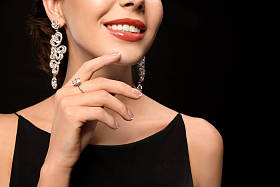 美丽的年轻女子与优雅的珠宝在黑暗背景, 特写