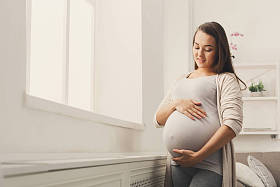 Pegnant 女人爱抚着她的肚子在家