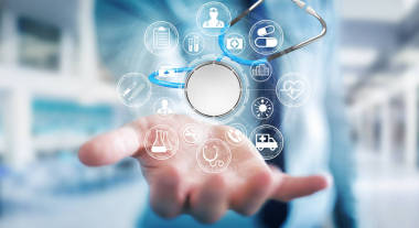 擁抱和觸碰浮動(dòng)聽診器 3d renderi 的商人