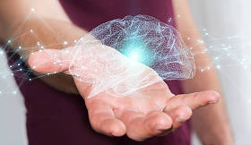 商人使用数字 x 射线人脑接口 3d renderi