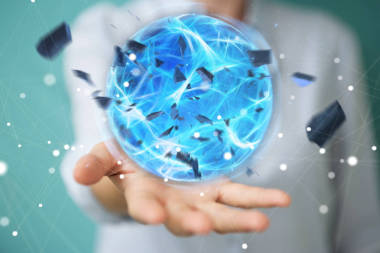 超级英雄女人与她的手的 3d 渲染创建一个电源球