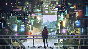 站在阳台上的男子看着未来的城市与多彩的光, 数字艺术风格, 插图画