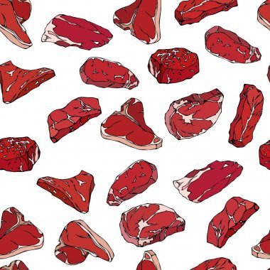 牛排無縫無盡的背景。喜歡吃肉。牛肉切。完美的背景為屠夫店或牛排館餐廳菜單。手繪插圖。Savoyar 涂鴉風(fēng)