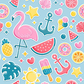 夏日沙滩元素无缝图案。火烈鸟, 冰淇淋, 西瓜, 太阳, 贝壳, 菠萝。图