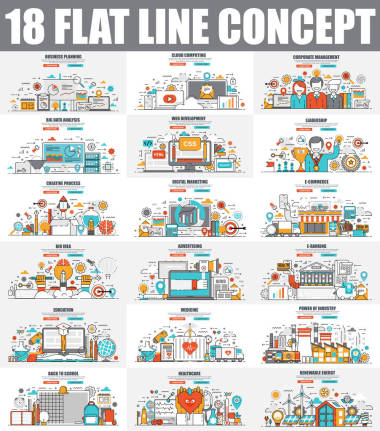 现代一套扁平线概念网络横幅云计算, 电子银行, 电子商务, 营销, 团队合作, 教育, 发展。网页和平面设计的概念向量说明, 网站