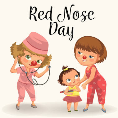 快樂的紅鼻子日, 媽媽帶女兒去醫(yī)院看病, 媽媽玩 clownnose 和女嬰病媒插畫, 女性統(tǒng)一診斷患兒臨床
