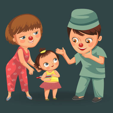 快樂的紅鼻子日, 媽媽帶女兒去醫(yī)院看病, 媽媽玩 clownnose 和女嬰病媒插畫, 男人統(tǒng)一診斷的臨床兒童