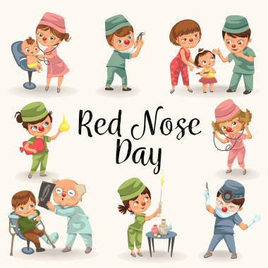 設(shè)置紅鼻子日賀卡, 醫(yī)生在醫(yī)院用聽診器幫助小病人穿滑稽的 clownnose, 護(hù)士幫助兒童保健, 慈善概念向量例