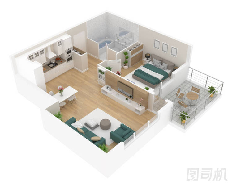平面圖頂部視圖。公寓內部隔離白色背景。3d 渲染