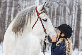 小女孩与 friesian 马, 室外