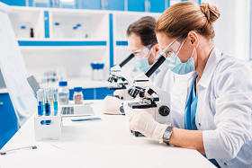 科学家在医学面具和护目镜中的选择性聚焦实验室中的董事看显微镜