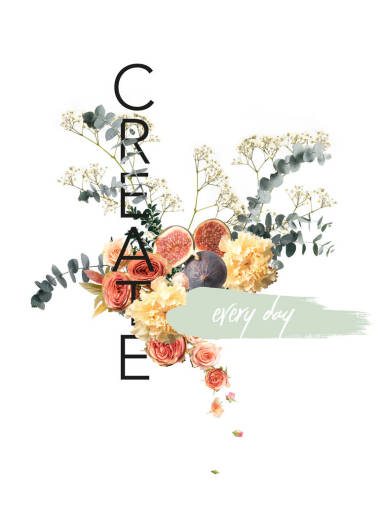 创意拼贴画与花卉花束和无花果白色与创建每天标志