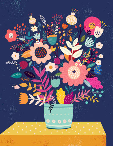 深藍色背景花瓶中花色花束的矢量圖解
