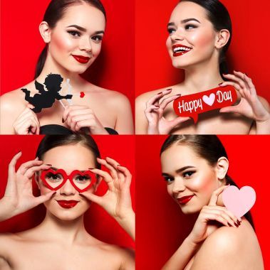 美麗的年輕女孩在紅色背景與浪漫用具