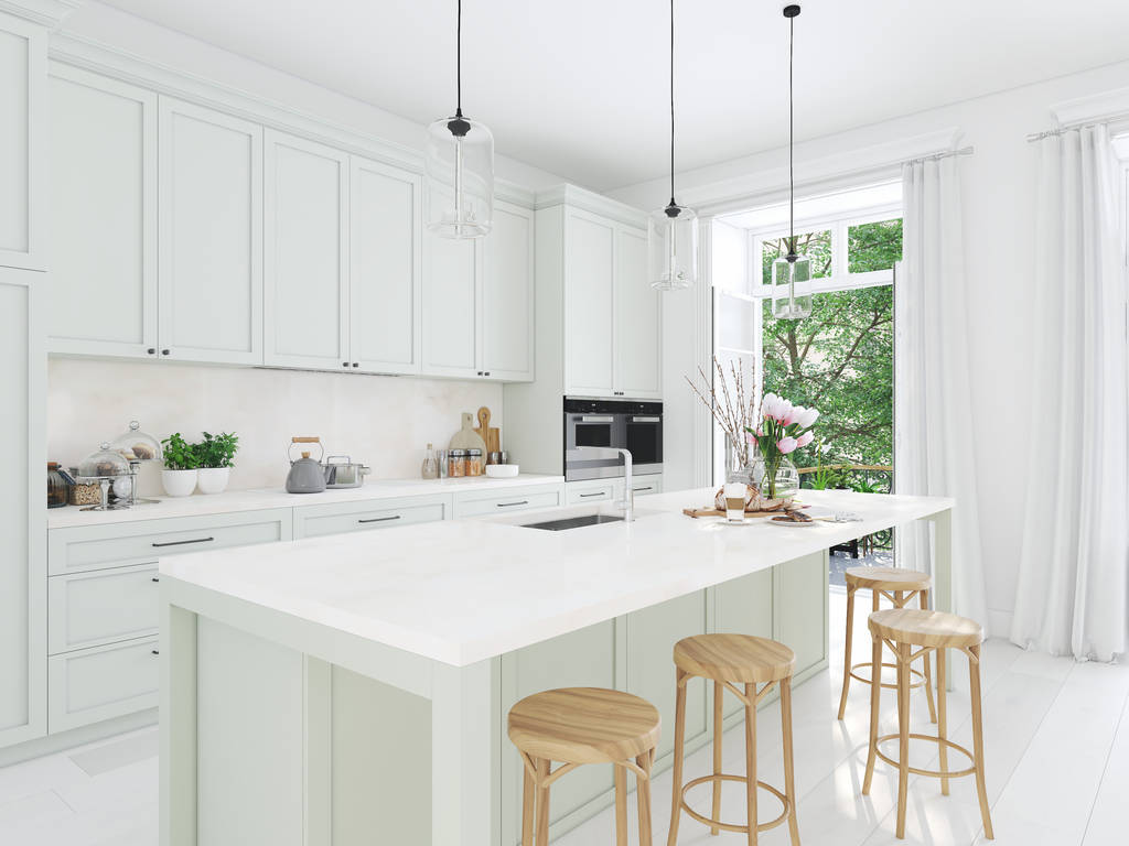 现代北欧厨房在阁楼的公寓里。3d 渲染