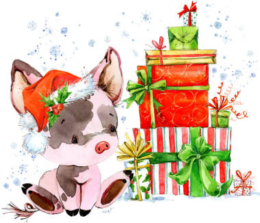 中國的豬年。新年賀卡。水彩卡通小豬插圖。冬季假期手畫背景