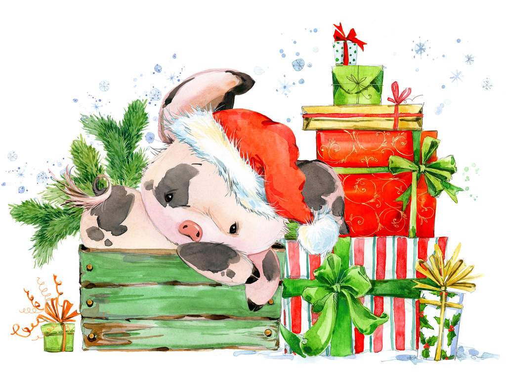 中国的猪年。新年贺卡。水彩卡通小猪插图。冬季假期手画背景 中国的猪年。新年贺卡。水彩卡通小猪插图。冬季假期手画背景